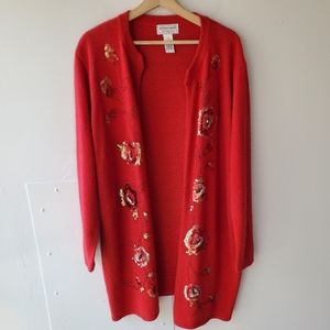 Victor Costa Silk And Rabbit Hair Blend Cardigan Women's Size 1X Red Beaded